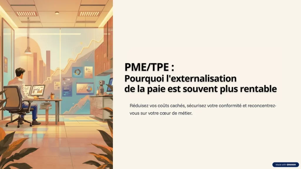 Illustration d'un bureau avec le texte "PME/TPE : Pourquoi l'externalisation de la paie est souvent plus rentable".