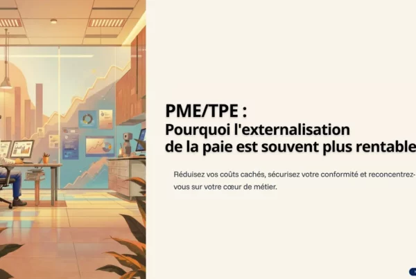 Illustration d'un bureau avec le texte "PME/TPE : Pourquoi l'externalisation de la paie est souvent plus rentable".