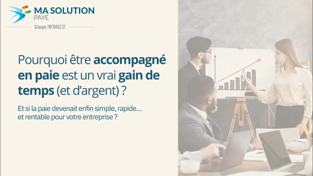 Image montrant une équipe en réunion devant un graphique de croissance avec le texte "Pourquoi être accompagné en paie est un vrai gain de temps (et d'argent) ?".
