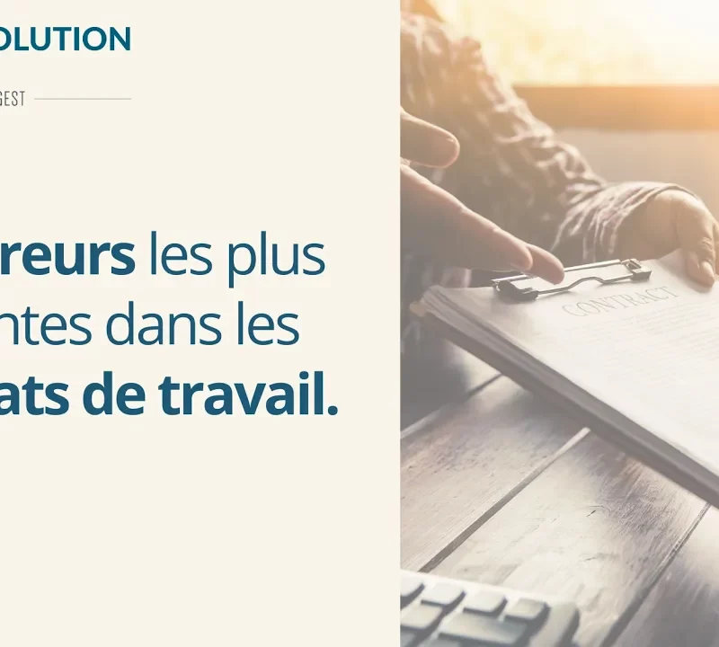 Personne signant un contrat avec le texte "Les erreurs les plus courantes dans les contrats de travail" et logo Ma Solution Paye.